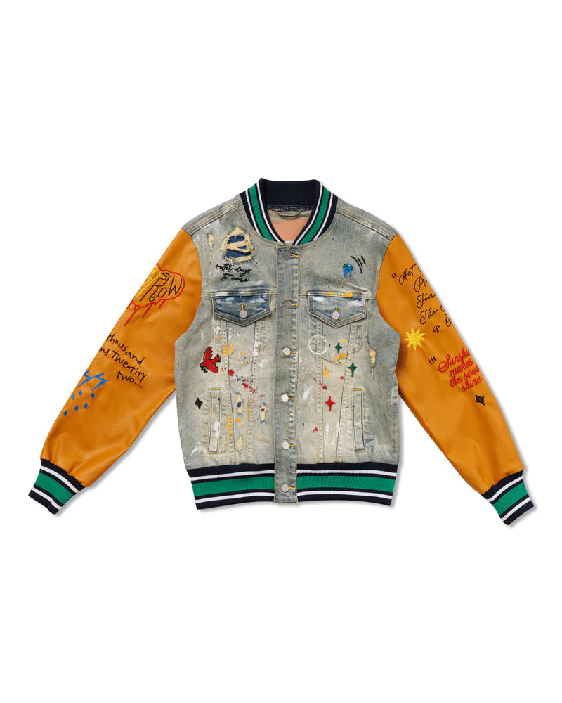 FIRST ROW ALL OVER EMBROIDERED VARSITY DENIM JACKET – 85 86