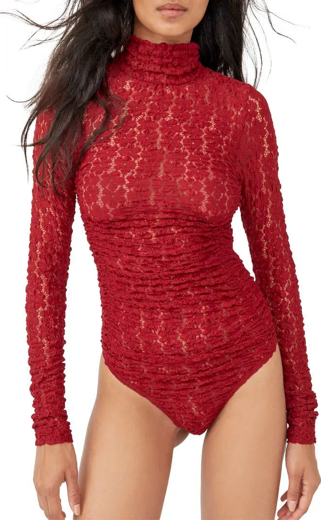 Womens Red Bodysuit Long Sleeve Turtleneck Top Blouse Lace Body