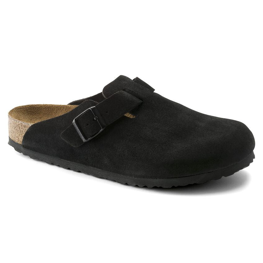 BIRKENSTOCK: BOSTON SOFT FOOTBED SUEDE CLOG- BLACK