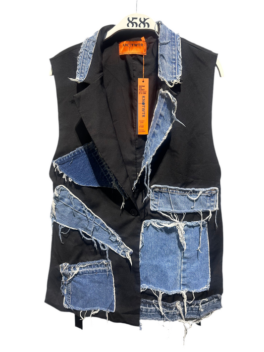 KNOTWTR: DENIM PATCHWORK SUIT VEST