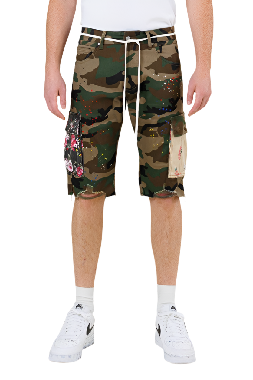 FIRST ROW: CAMO FLOWER PATCH CARGO SHORTS (front view on model)