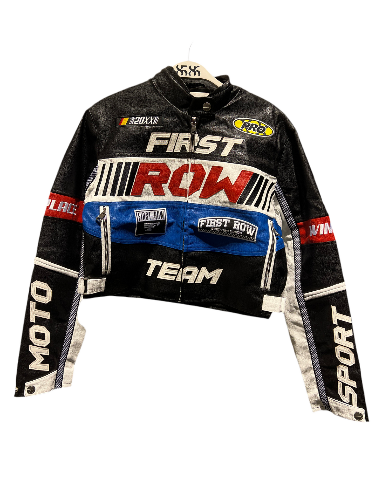 FIRST ROW: CONTRAST MOTOR RACING LEATHER JACKET