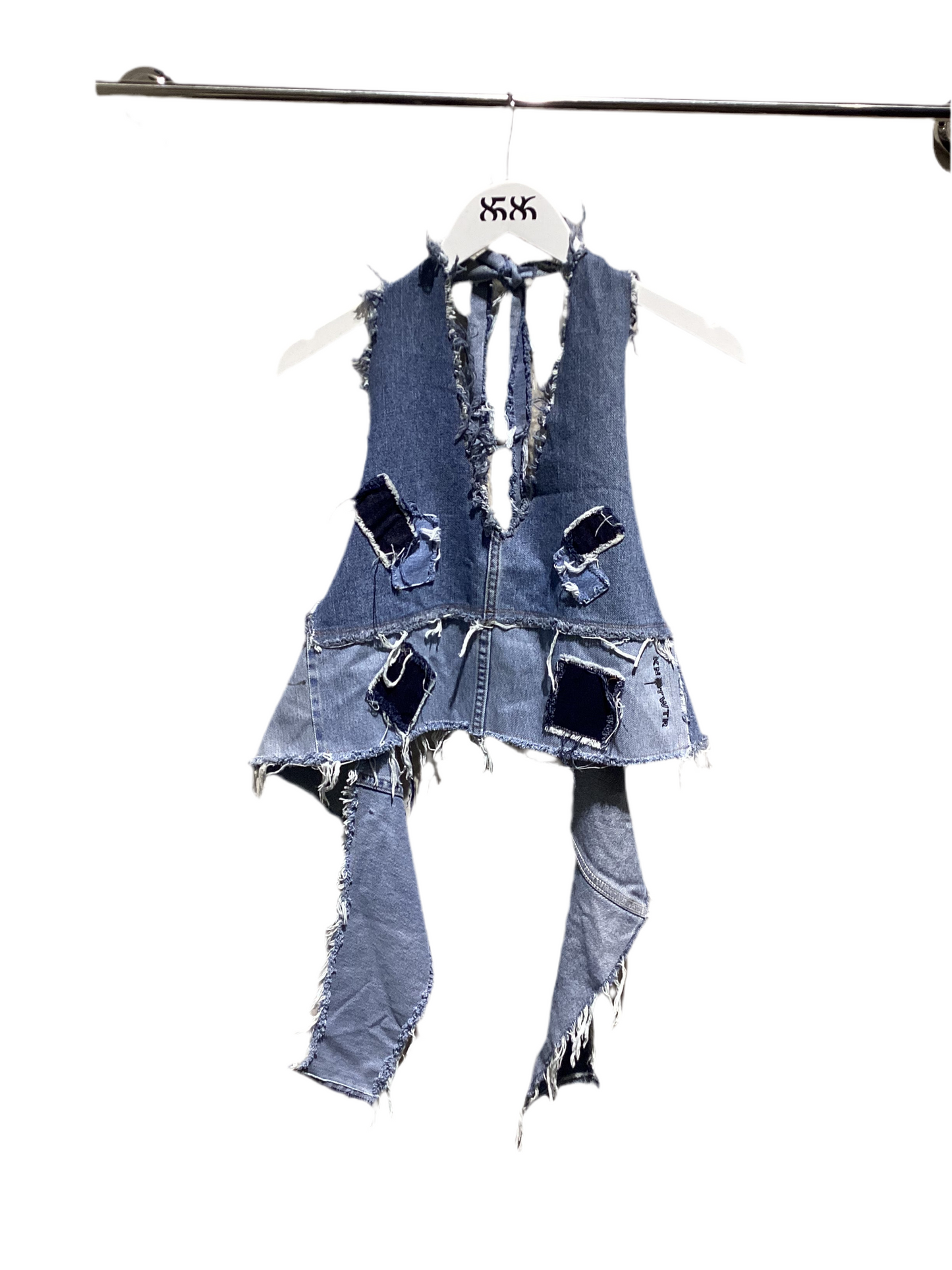 KNOTWTR: DENIM PATCHWORK ROUND HALTER TOP