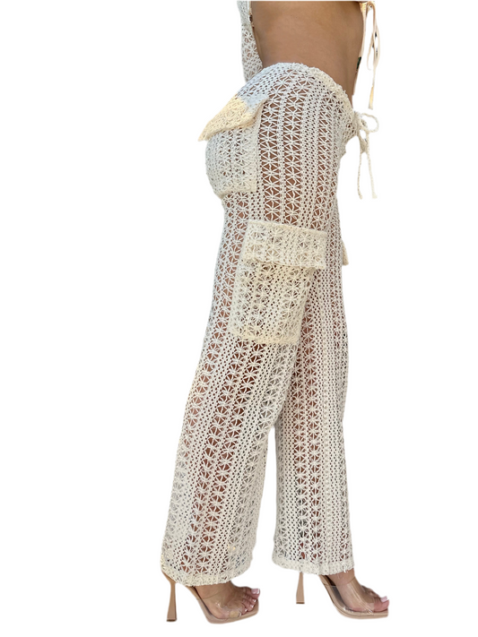 8586 CREAM LACE CARGO CROCHET PANTS