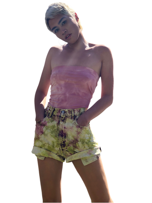 8586: RECYCLED LEVIS TIE DYE DENIM CUT OFF SHORTS