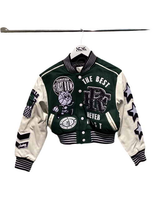 FIRST ROW: THE BEST NEVER REST CROPPED VARSITY JACKET