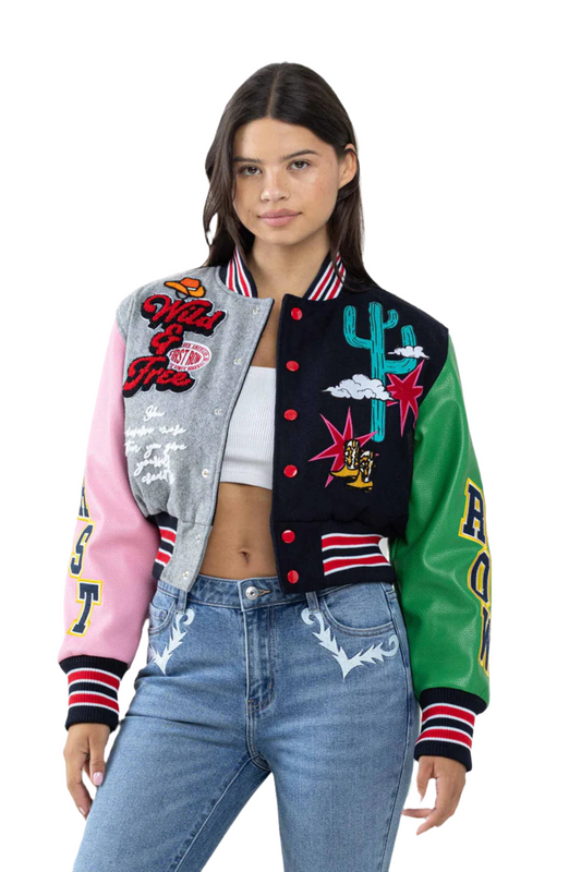 FIRST ROW: WILD AND FREE CROPPED VARSITY JACKET