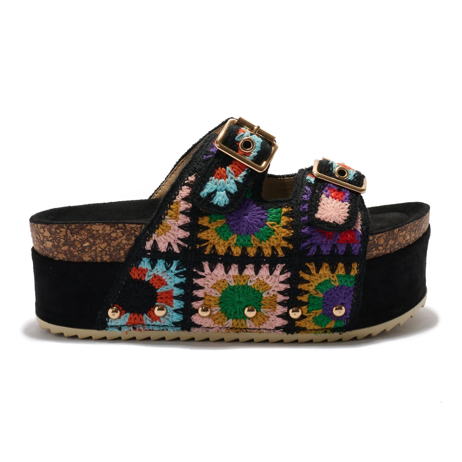 BOHO FLORAL CROCHET PLATFORM SANDALS (BLACK) side view