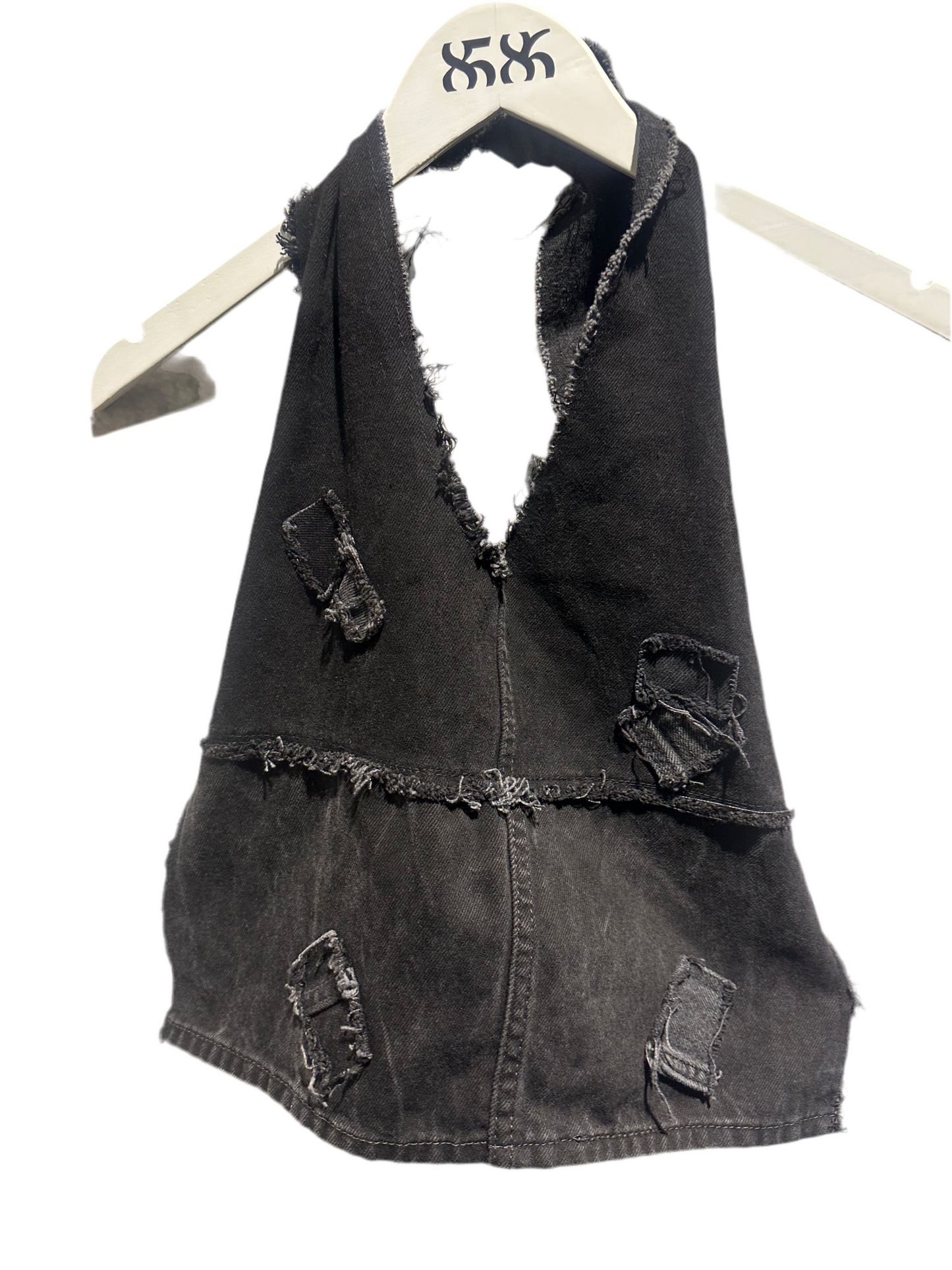 KNOTWTR: DENIM PATCHWORK ROUND HALTER TOP