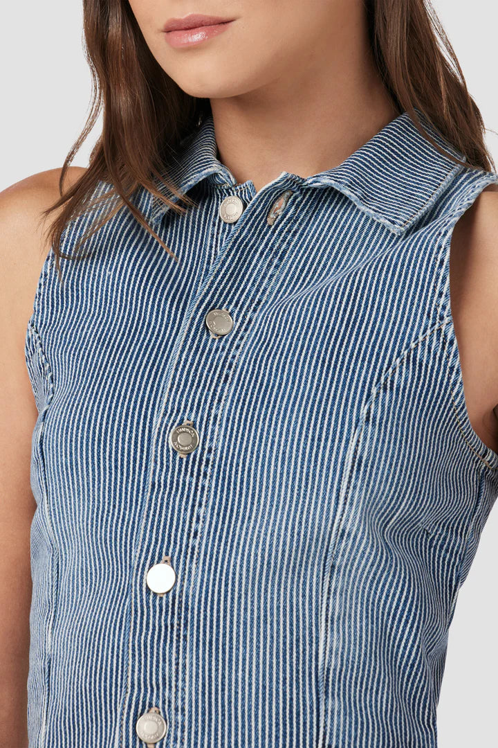 HUDSON: RAILROAD STRIPE VEST (close up on model)