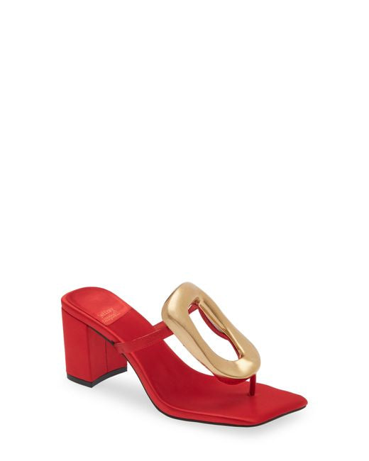  JEFFREY CAMPBELL: LINQ- MH SANDALS RED (front profile view)