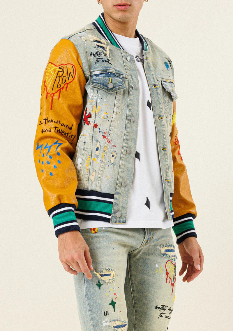 FIRST ROW ALL OVER EMBROIDERED VARSITY DENIM JACKET – 85 86