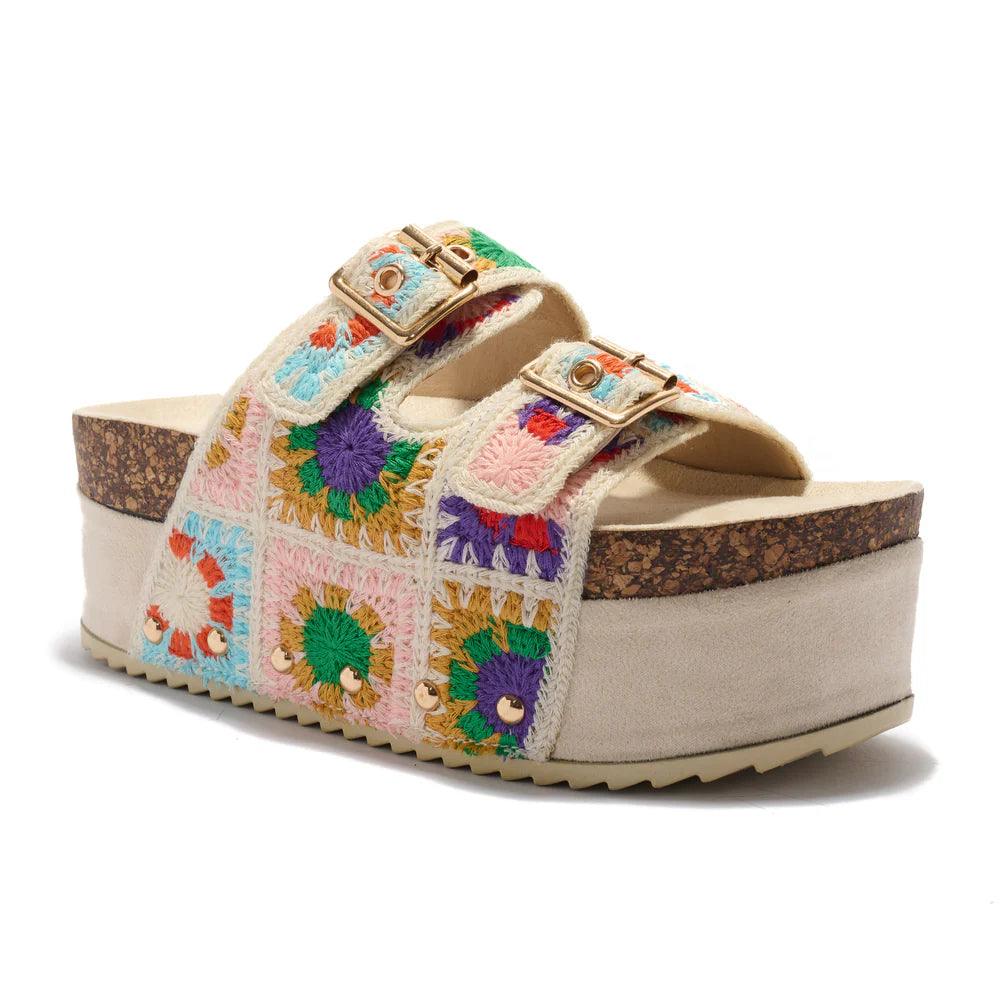 BOHO FLORAL CROCHET PLATFORM SANDALS (beige) front side view