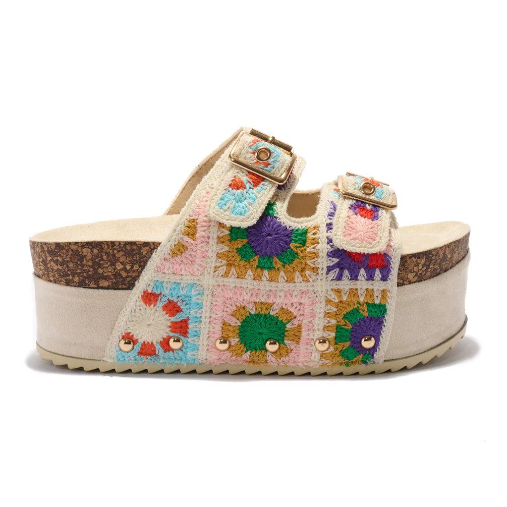 BOHO FLORAL CROCHET PLATFORM SANDALS (beige) side view