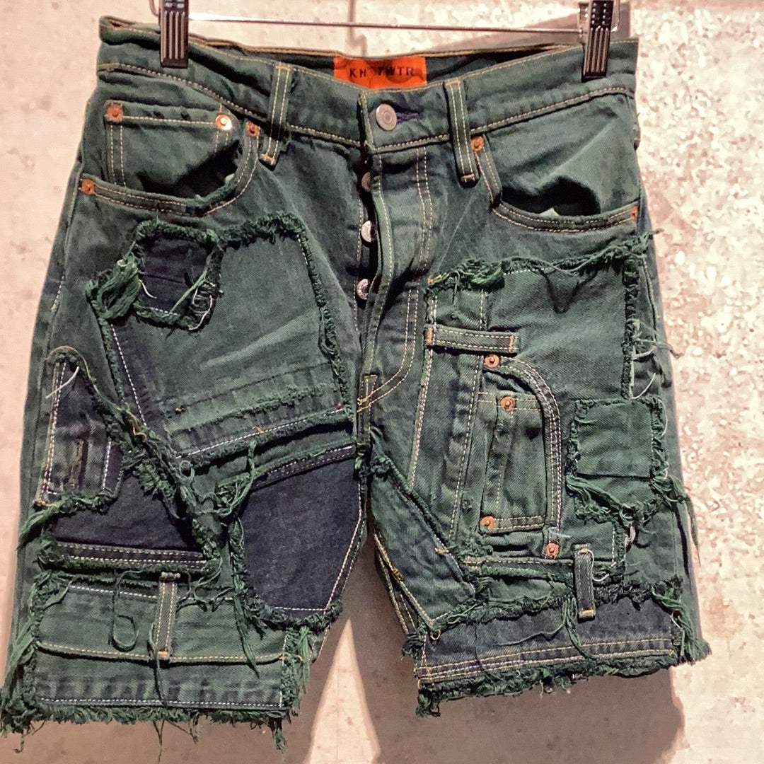 KNOTWTR: FOREST GREEN PATCHWORK DENIM SHORTS