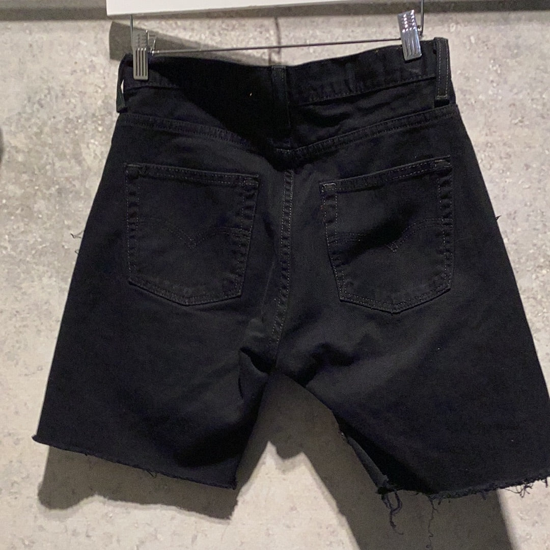 KNOTWTR: BLACK PATCHWORK DENIM SHORTS (back view)