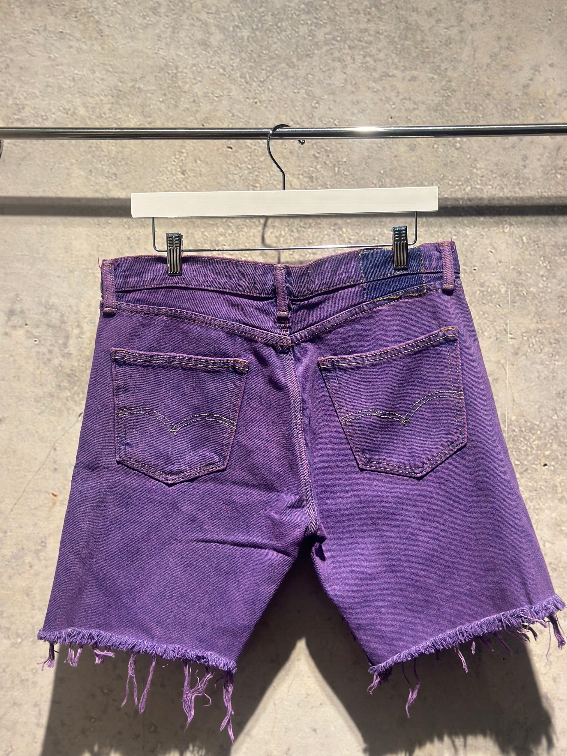 KNOTWTR: PATCHWORK DENIM SHORTS (purple back view)