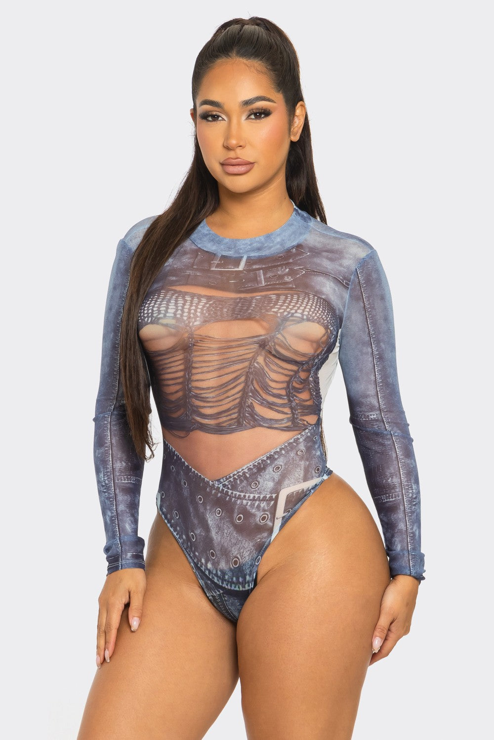 BOHO: SHEER FAUX DENIM BODYSUIT (front view on model)