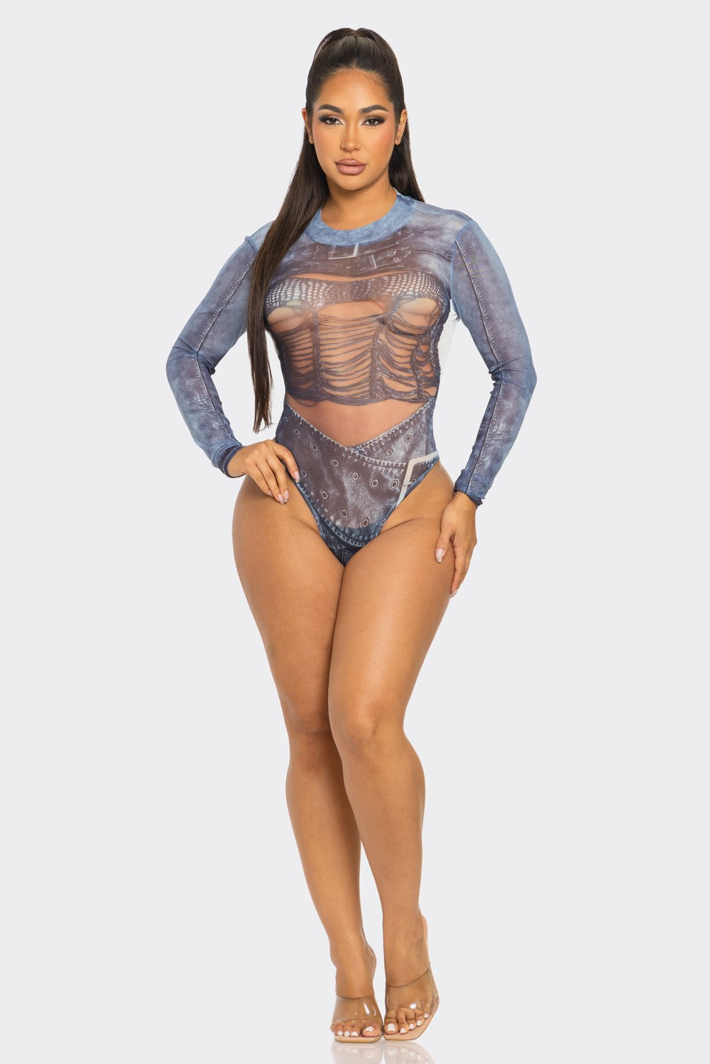 BOHO: SHEER FAUX DENIM BODYSUIT (front view on model)