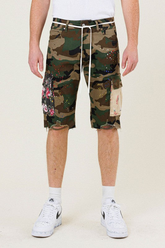 FIRST ROW: CAMO FLOWER PATCH CARGO SHORTS