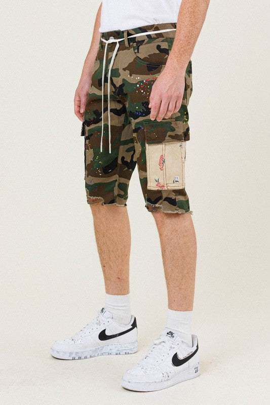 FIRST ROW: CAMO FLOWER PATCH CARGO SHORTS