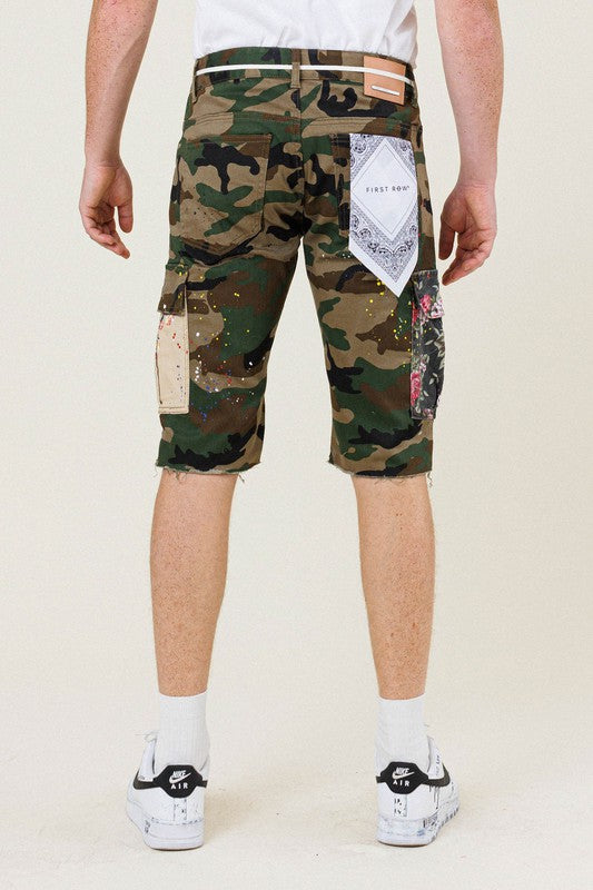 FIRST ROW: CAMO FLOWER PATCH CARGO SHORTS (back view)