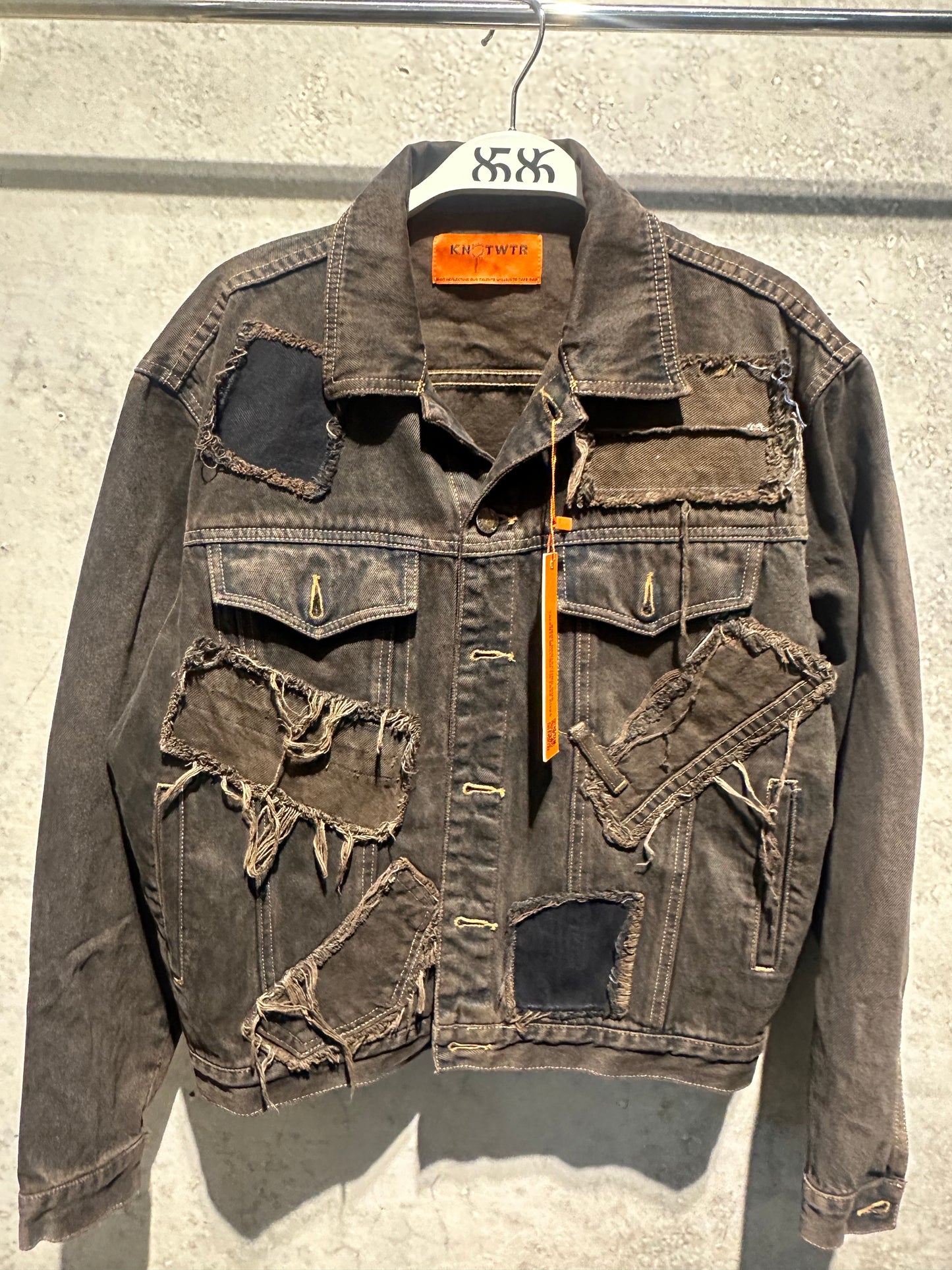 KNOTWTR: COLORED PATCHWORK DENIM JACKET BROWN (front)