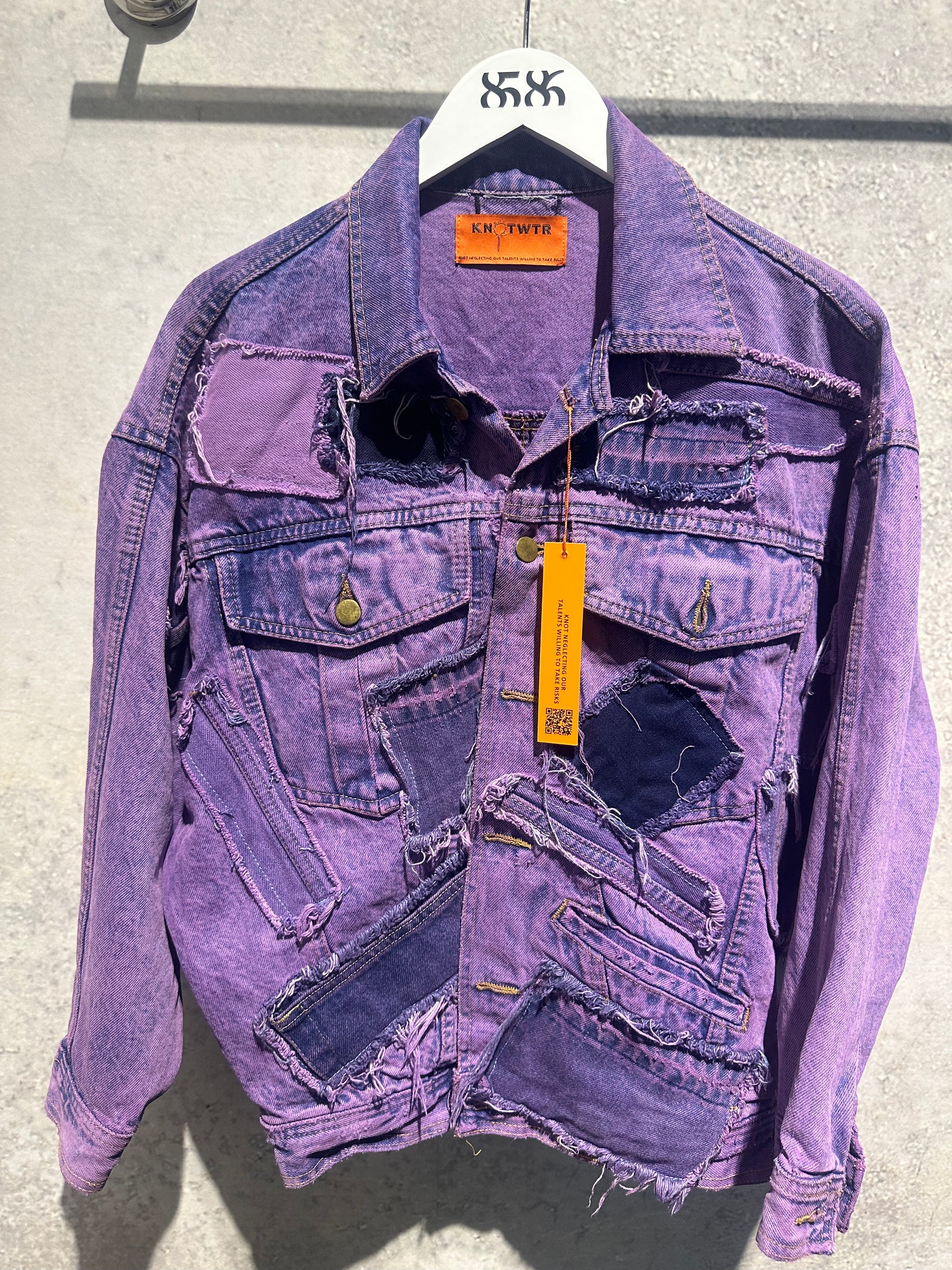 KNOTWTR: COLORED PATCHWORK DENIM JACKET PURPLE (front)