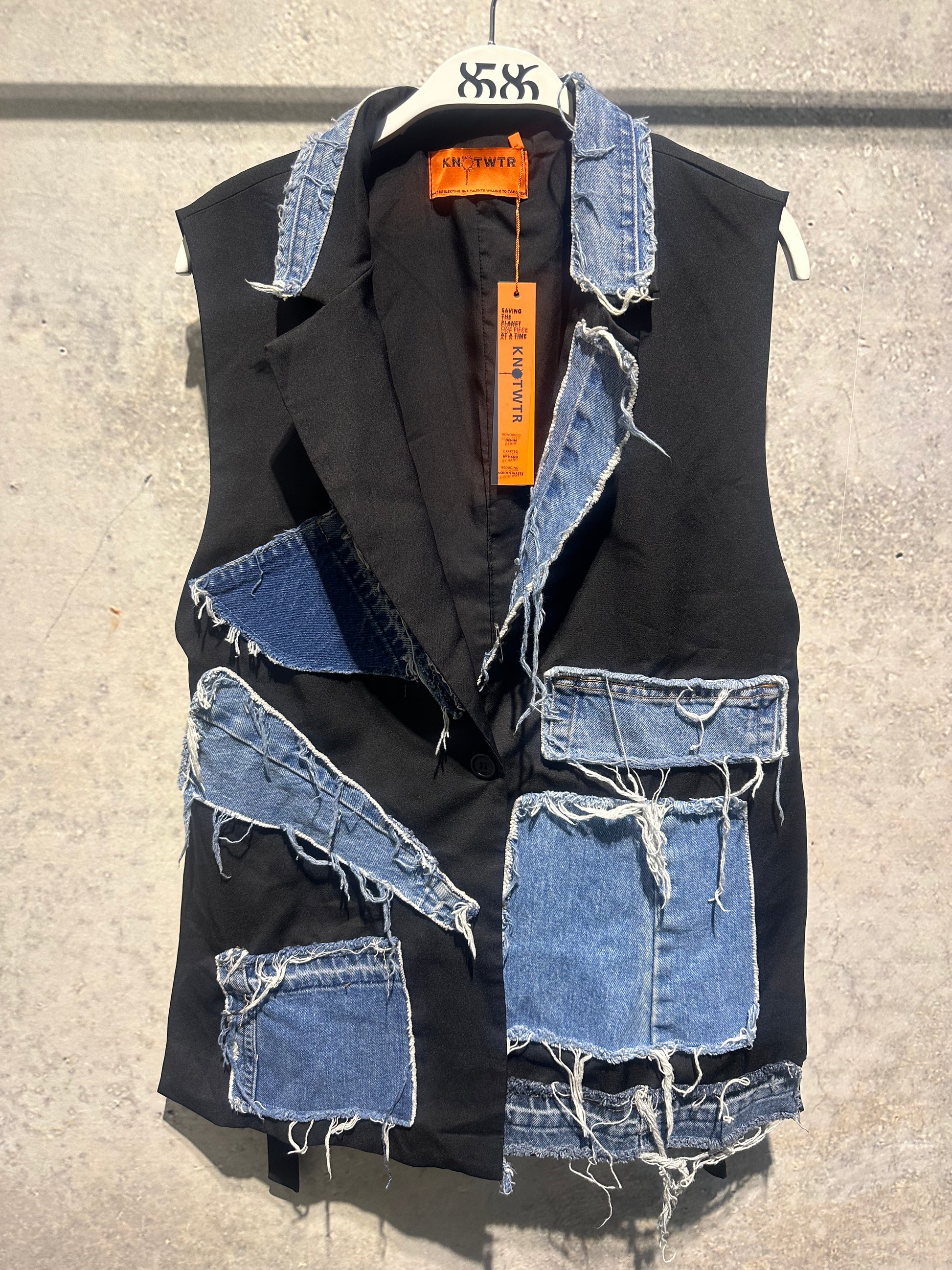 KNOTWTR DENIM PATCHWORK SUIT VEST