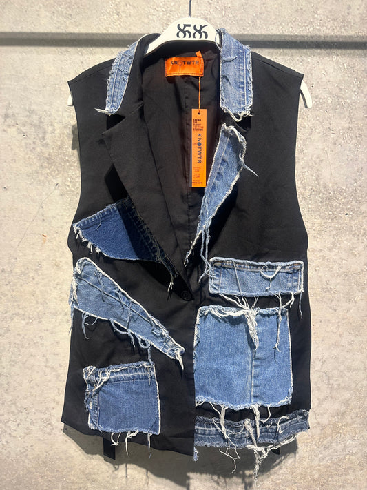 KNOTWTR: DENIM PATCHWORK SUIT VEST