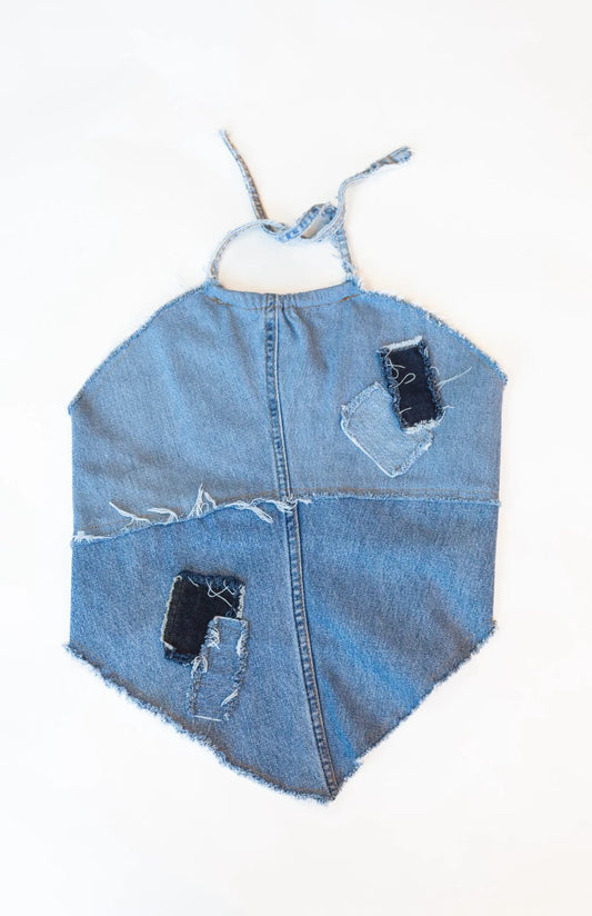 KNOTWTR: DENIM PATCHWORK DIAMOND SHAPED HALTER TOP