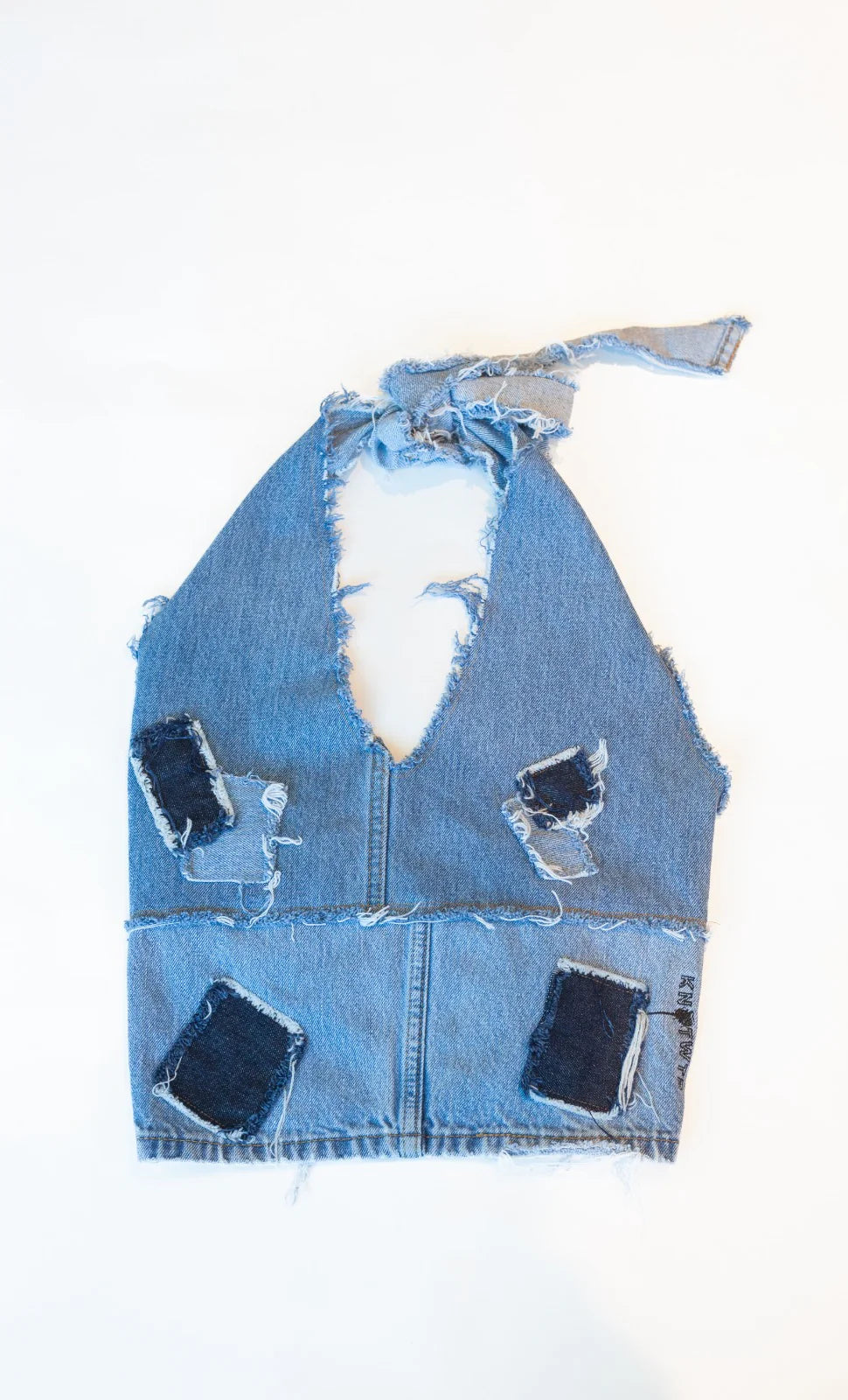 KNOTWTR: DENIM PATCHWORK ROUND HALTER TOP