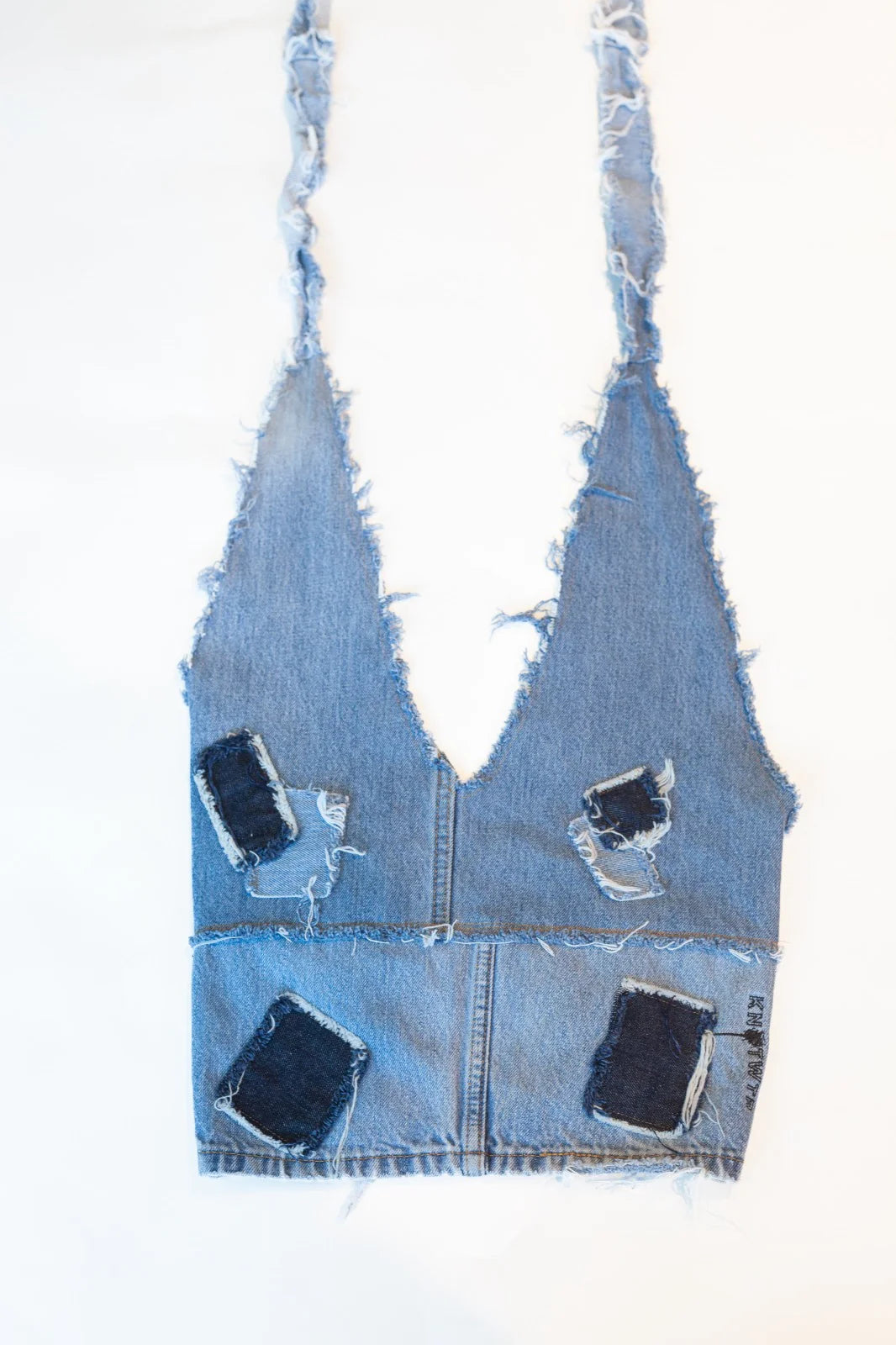 KNOTWTR: DENIM PATCHWORK ROUND HALTER TOP