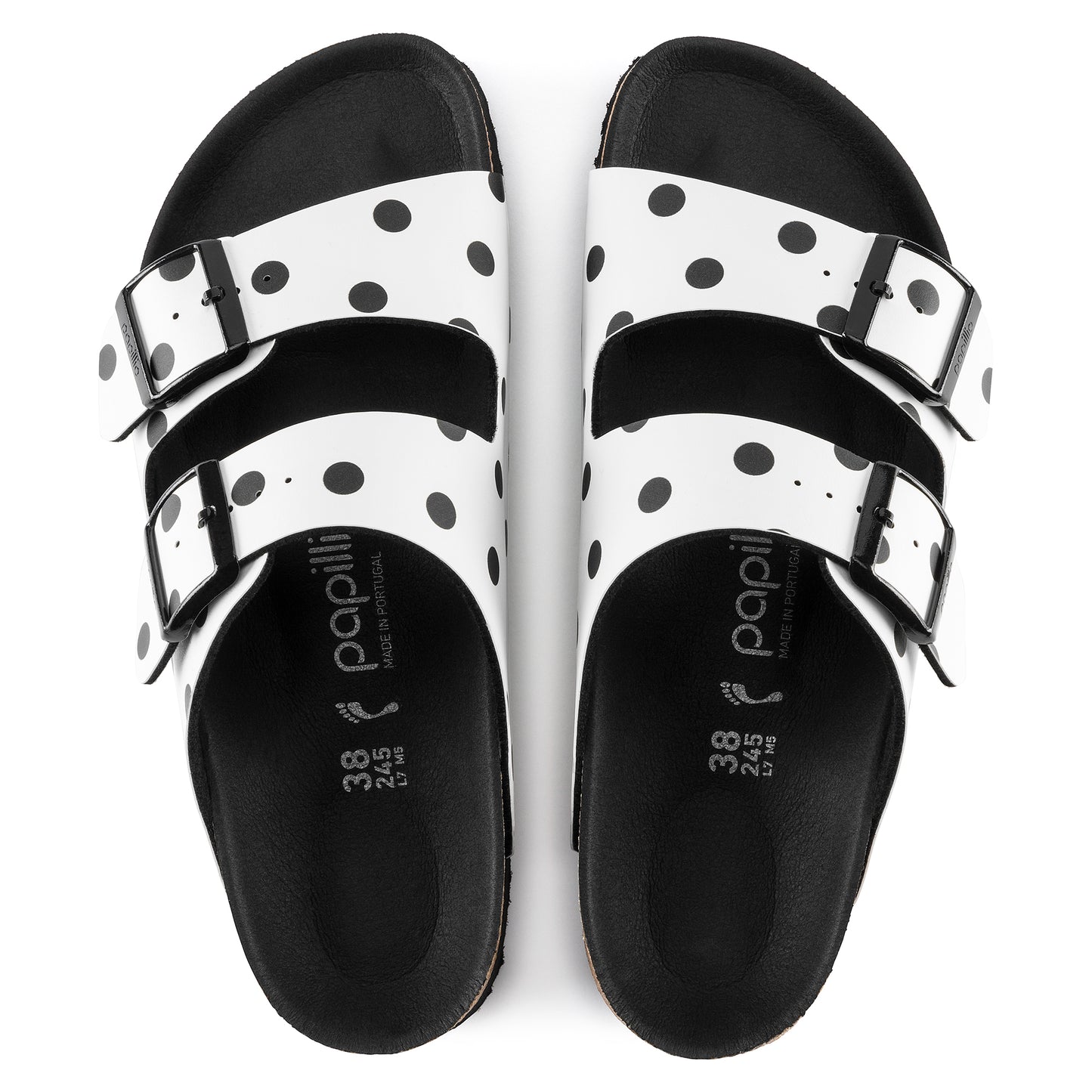 BIRKENSTOCK: ARIZONA GROOVED PLATFORM VEGAN SANDALS (top view white polka dot)