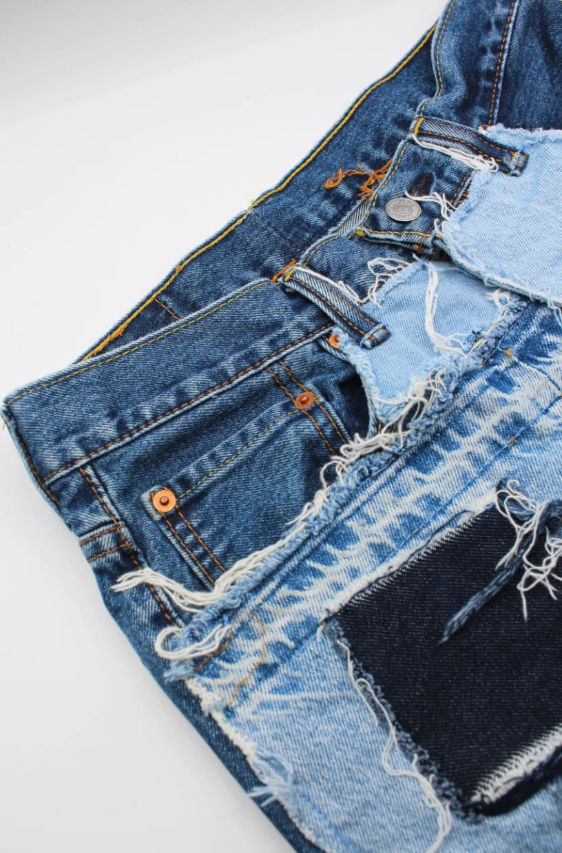 KNOTWTR: PATCHWORK DENIM SKIRT (close up front) 