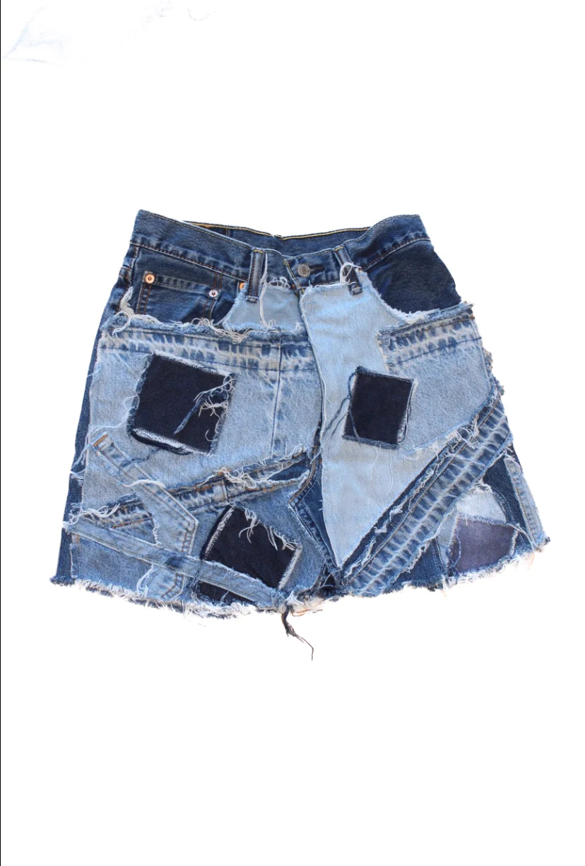 KNOTWTR: BLUE PATCHWORK DENIM SKIRT