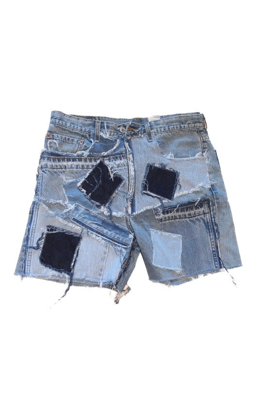 KNOTWTR: PATCHWORK DENIM SHORTS BLUE (flat lay view)