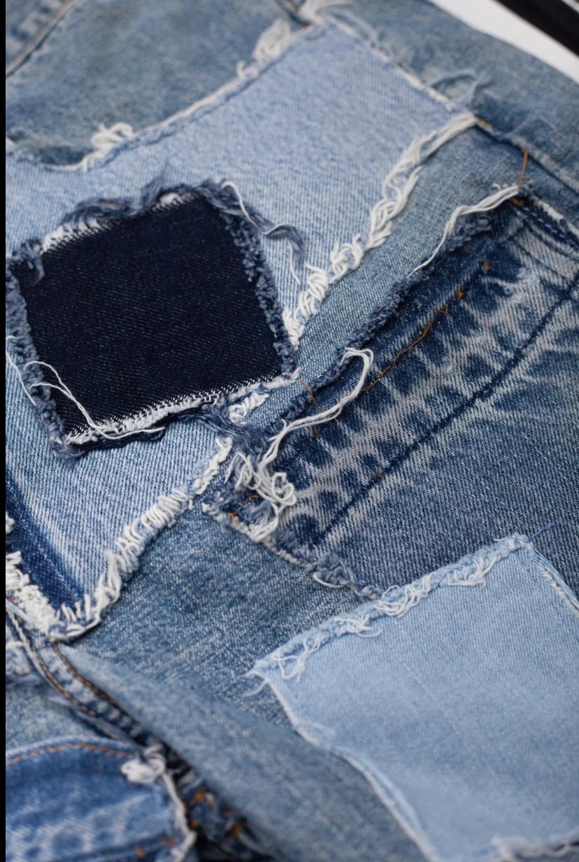 KNOTWTR: PATCHWORK DENIM SHORTS BLUE (close up)