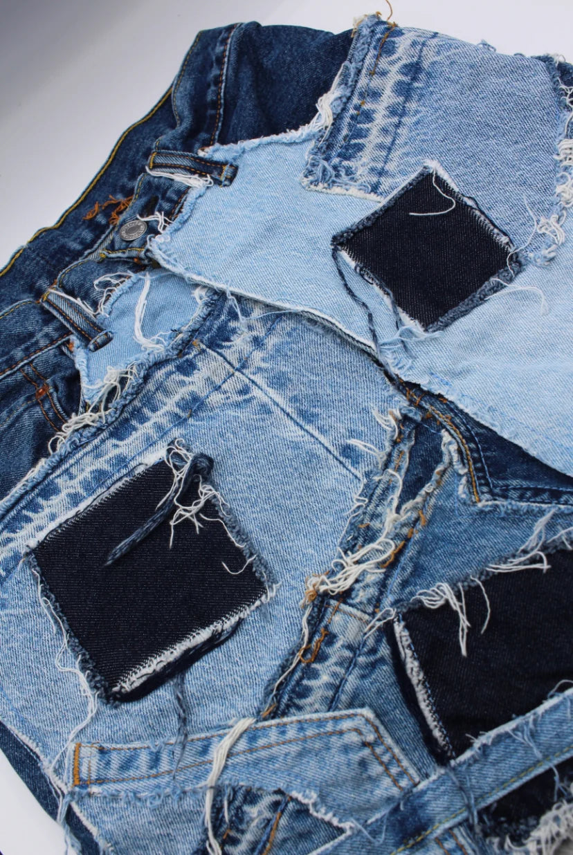 KNOTWTR: BLUE PATCHWORK DENIM SKIRT (close up)