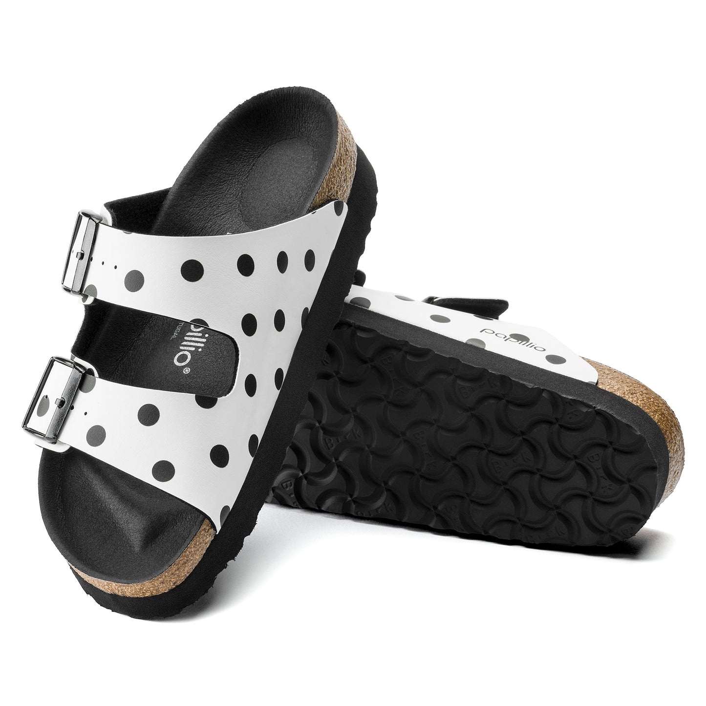 BIRKENSTOCK: ARIZONA GROOVED PLATFORM VEGAN SANDALS (white polka dot view)