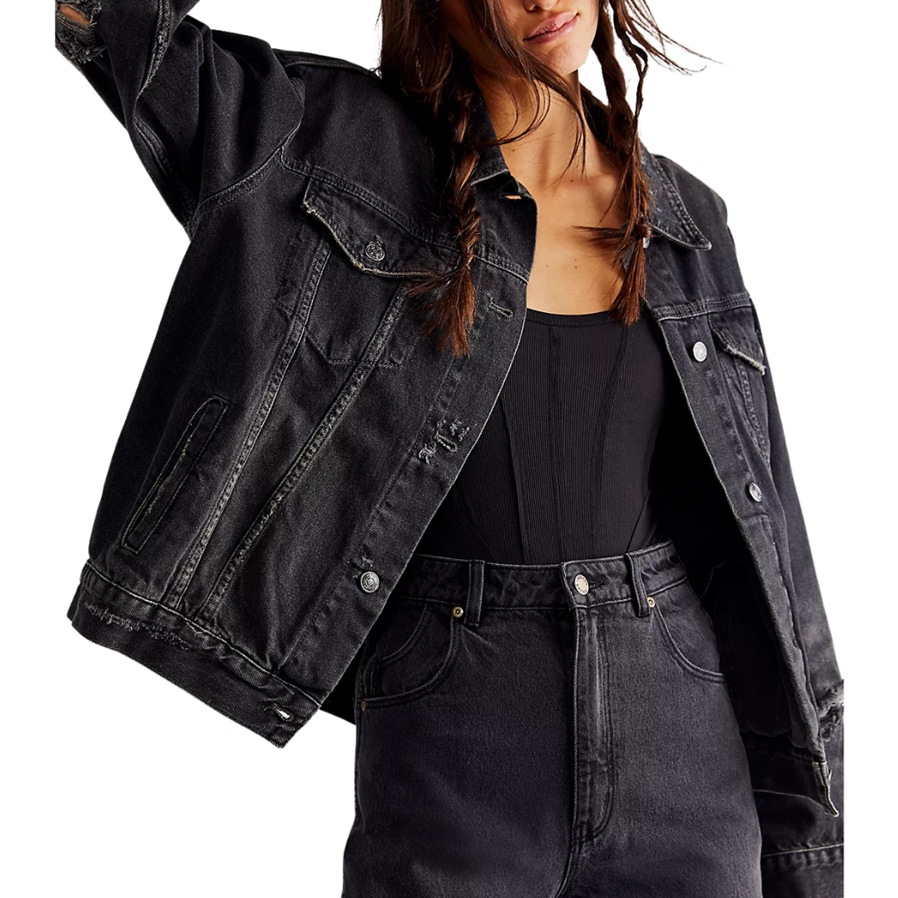 FREE PEOPLE: JOLINE TRUCKER JACKET WASHED BLACK