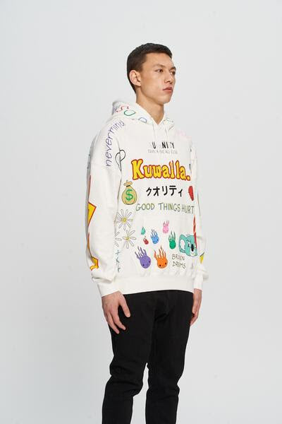 KUWALLA: WHITE MASH UP HOODIE (side profile view on model)