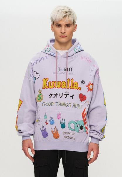 KUWALLA: LILAC MASH UP HOODIE (front view on model)